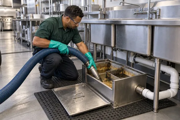 Technician using a suction hose to clean an open grease trap beneath a commercial kitchen sink.