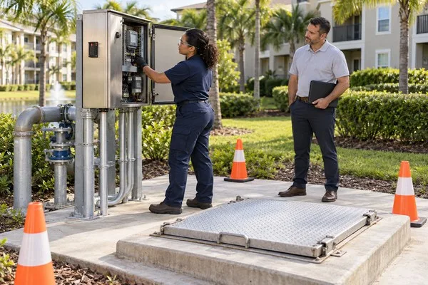Technician inspecting a lift station control cabinet while a property manager observes beside a closed access hatch.