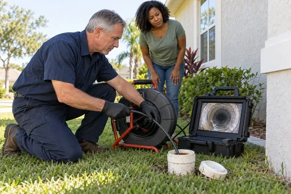 Technician feeding a sewer camera into a cleanout while a homebuyer watches the pipe inspection monitor.