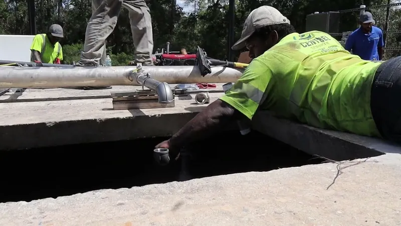 Technician lying across the basin wall reaching down to line up a galvanized drop pipe