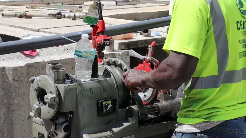 Close view of a technician at the power threader clearing shavings from freshly cut pipe threads
