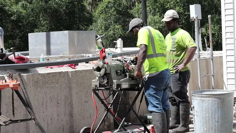 Two technicians at a power pipe threader set up beside the concrete treatment basin wall