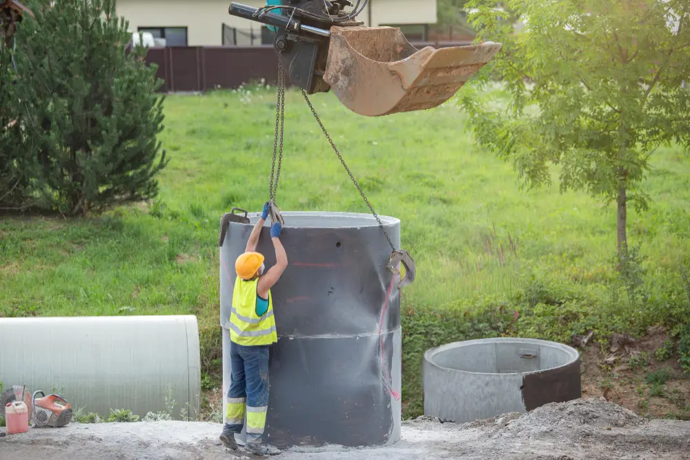 Contractor laying of city sewer pipes