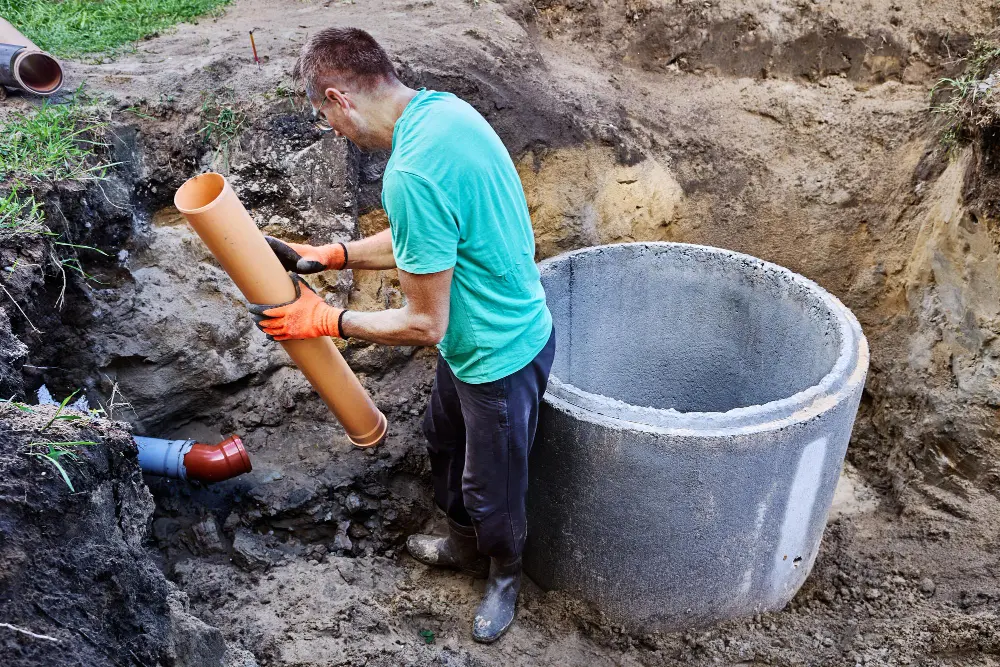 Worker connecting sewer pipe to an autonomous sewer system
